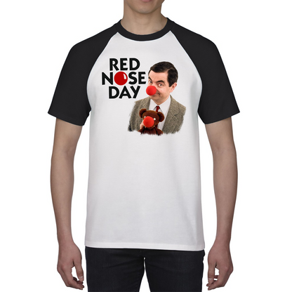 Red Nose Day Funny Mr Bean Baseball T Shirt. 50% Goes To Charity