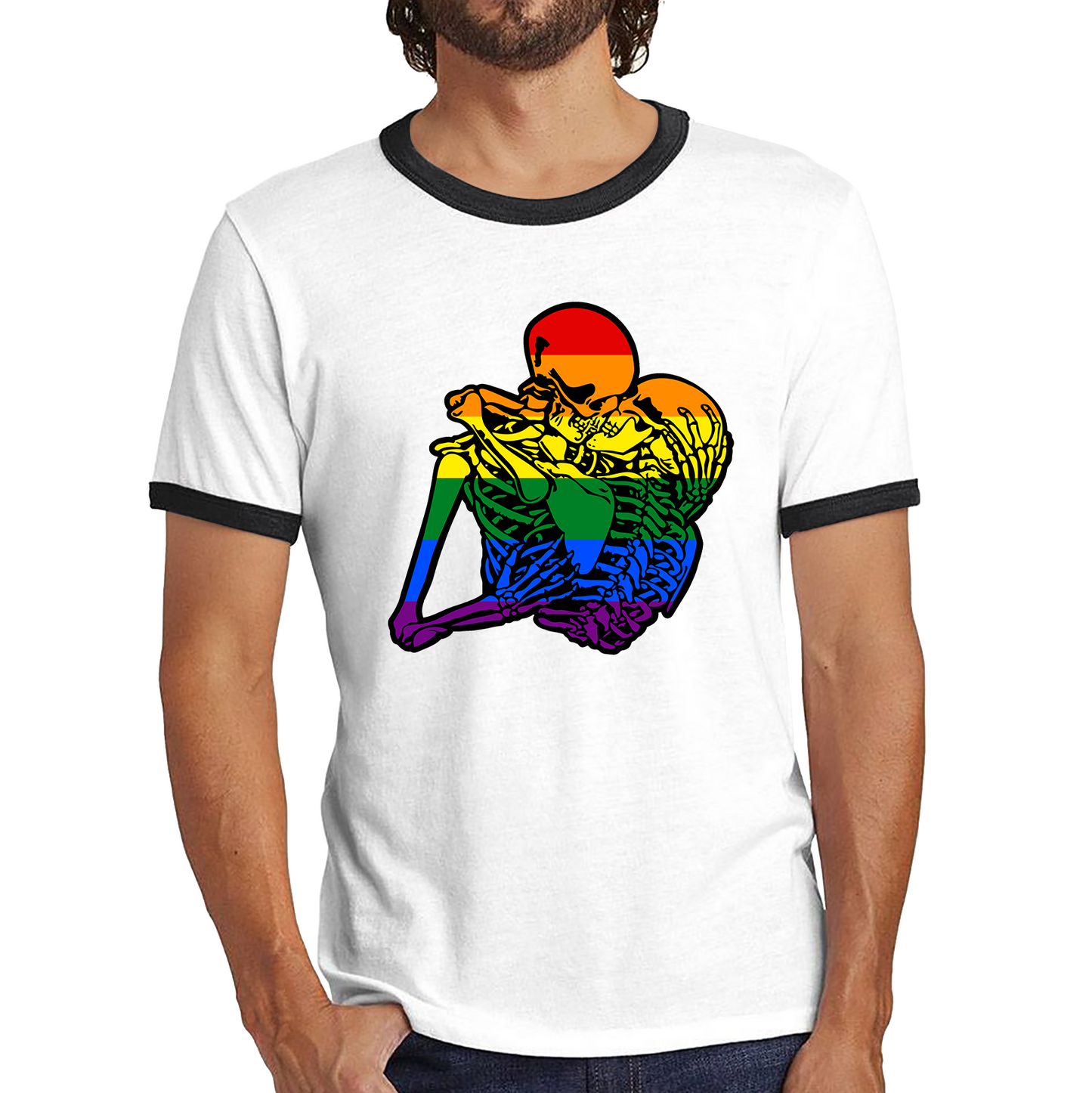 Kissing Skeletons Gay Pride LGBT Gay Skull Halloween LGBTQ+ Rainbow Pride Month Ringer T Shirt