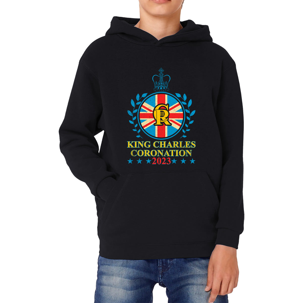 King Charles III Coronation 2023 Union Jack CR III Ruling Monarch Of England Great Britain Kids Hoodie