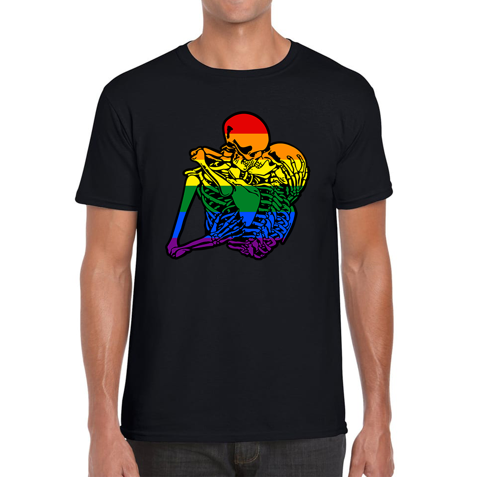 Kissing Skeletons Gay Pride LGBT Gay Skull Halloween LGBTQ+ Rainbow Pride Month Mens Tee Top