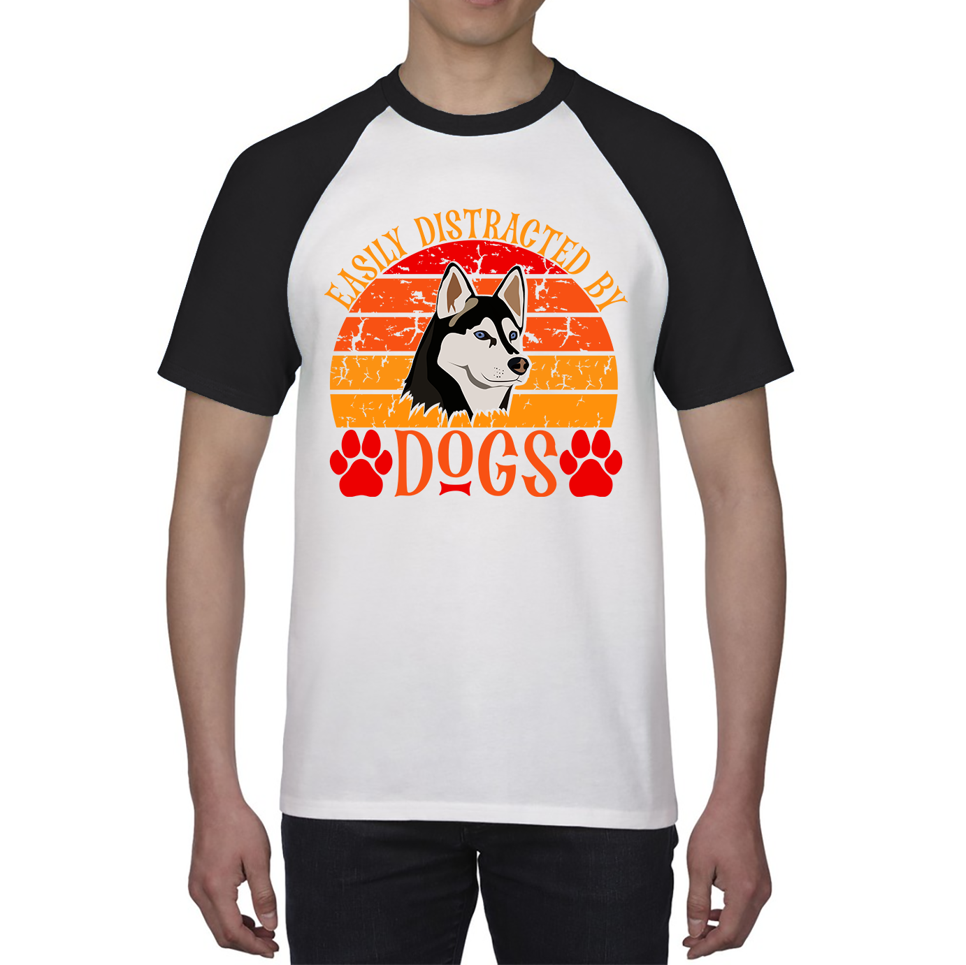 Easily Distracted By Dogs Vintage Retro Siberian Husky Dog Lovers Baseball T Shirt