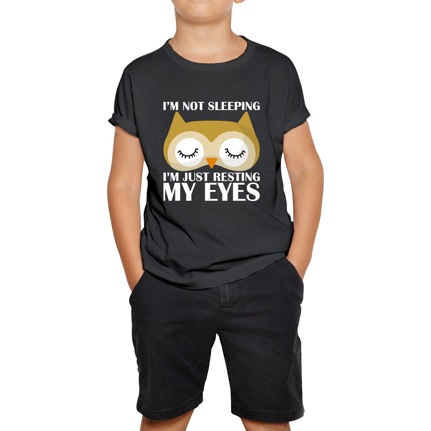 I'm Not Sleeping I'm Just Resting My Eyes Owl Funny Owl Napping Joke Kids Tee