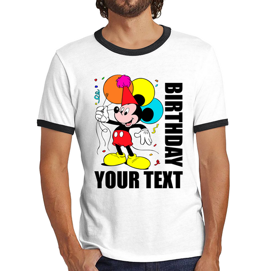 Personalised Disney Mickey Mouse Holding Balloons Birthday Your Text Disneyland Cartoon Ringer T Shirt