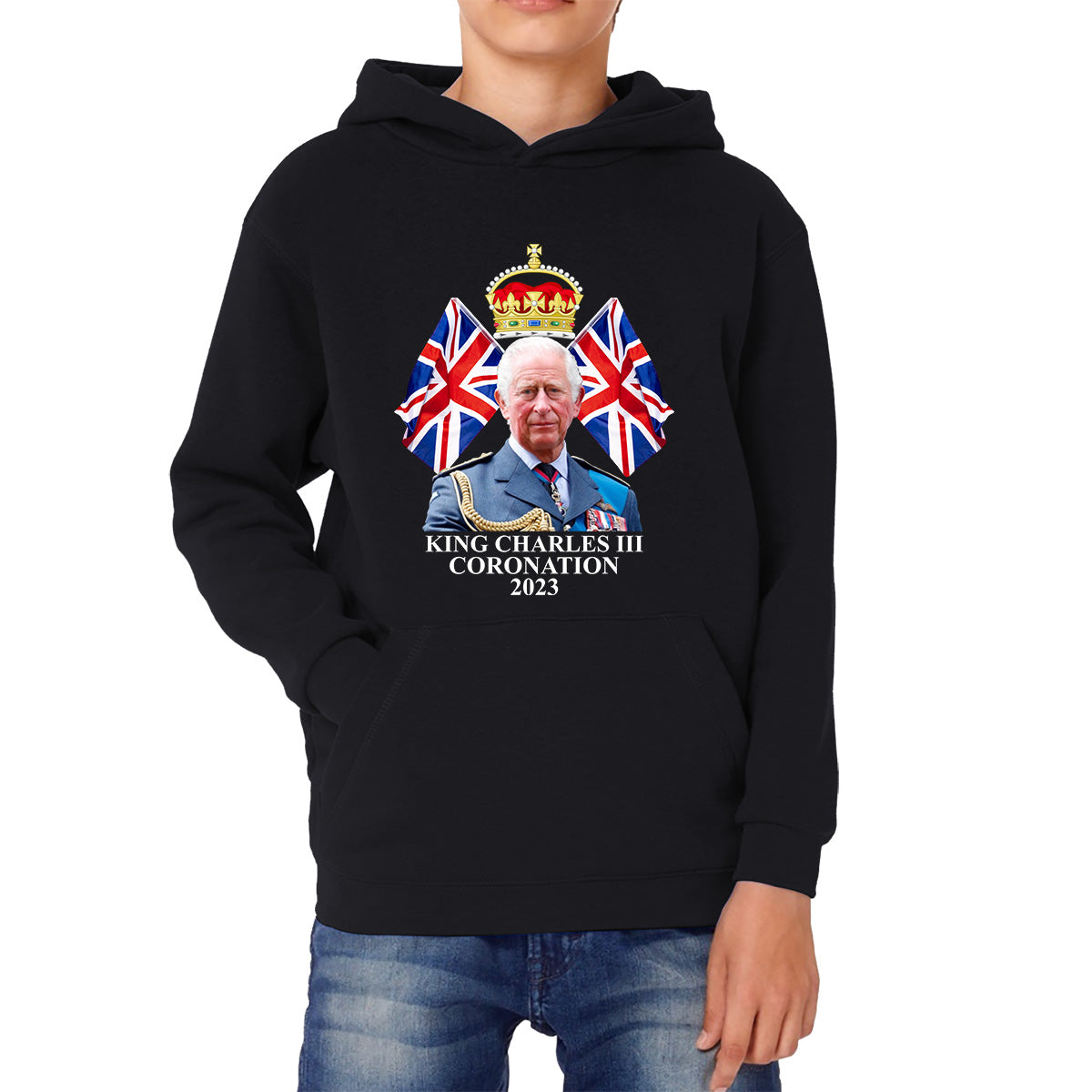 King Charles III Coronation 2023 British United Kingdom Uk Flags CR III Royal Crown Ruling Monarch Of England Kids Hoodie