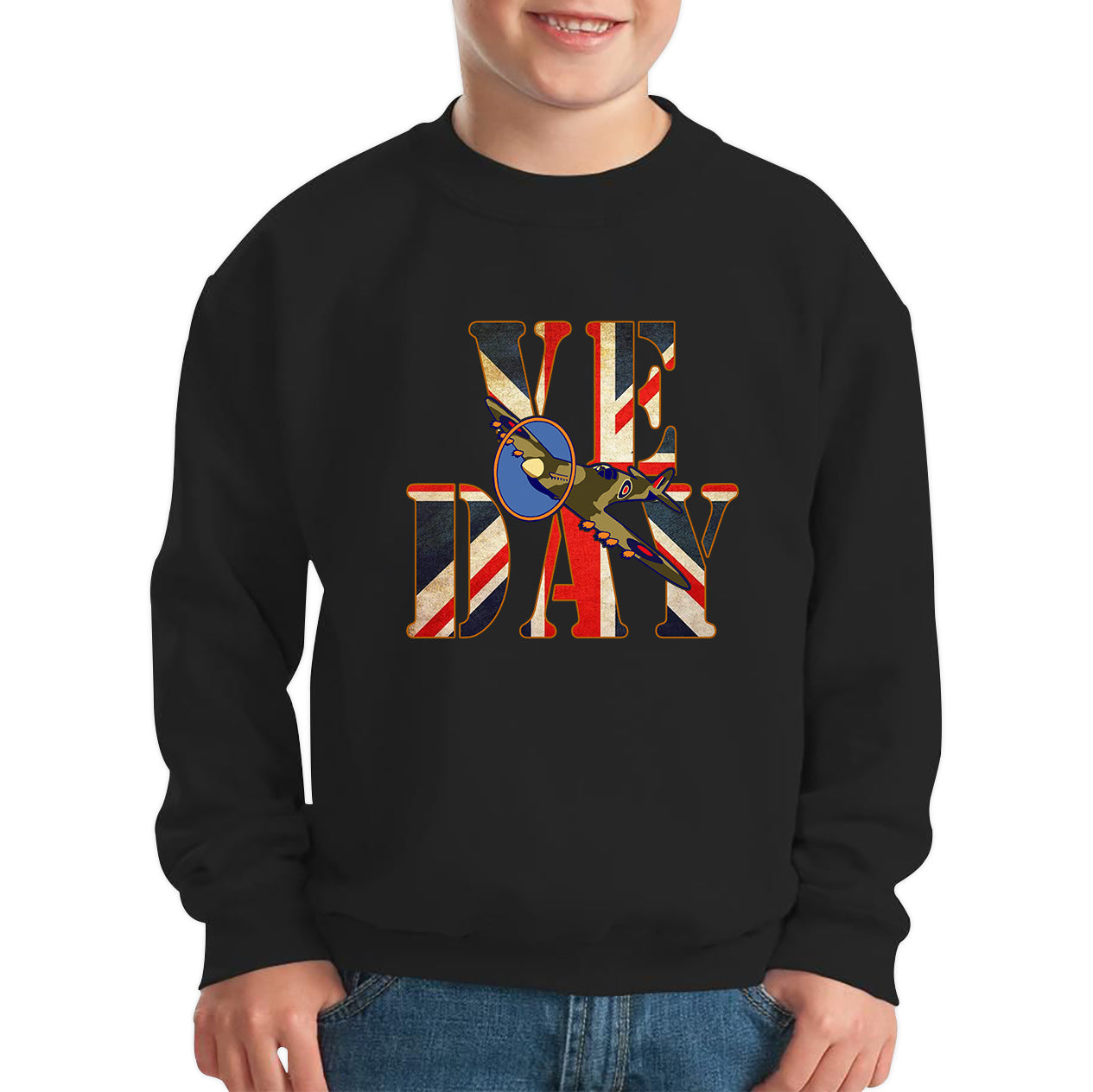 VE Day Victory In Europe Day Remembrance Day British Flag Veterans UK Victory Day 78th Anniversary World War II British Fighter Airplane Kids Jumper