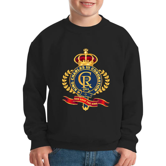 King Charles III Coronation 2023 CR III God Save The King Royal Crown United Kingdom Ruling Monarch Kids Jumper