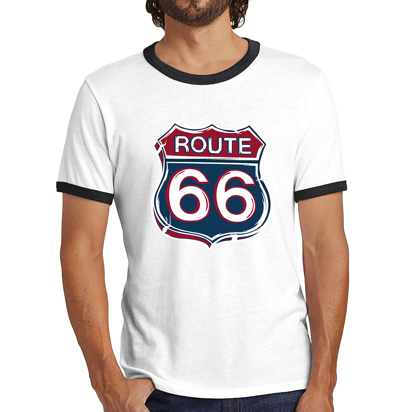 Route 66 Baseball Highway 66 US Biking Riding Highway Main Street of America Ringer T Shirt