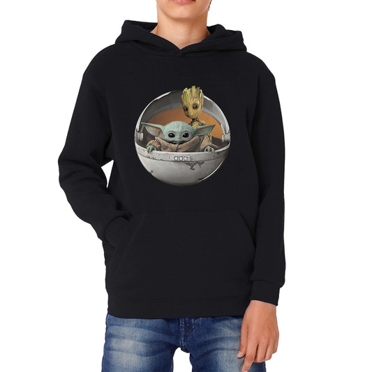 Grogu Baby Yoda And Baby Groot The Mandalorian Disney Star Wars Child In Hover Pod Pram Disney Star Wars Day 46th Anniversary Kids Hoodie