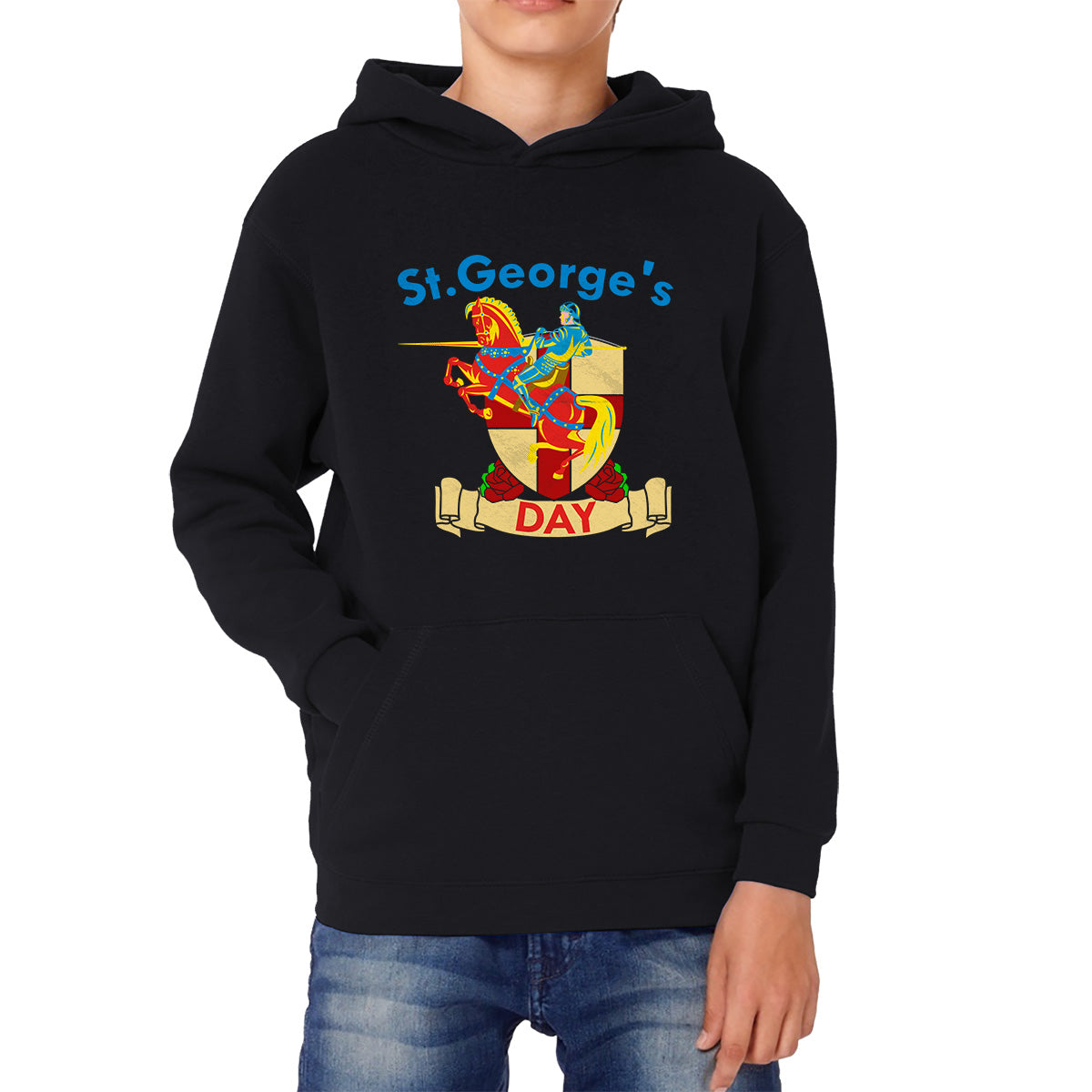 St George's Day England Red Flag Shield Knight Templar Riding His Rearing Horse London Saint George Day Warrior Fighter Patriotic Kids Hoodie