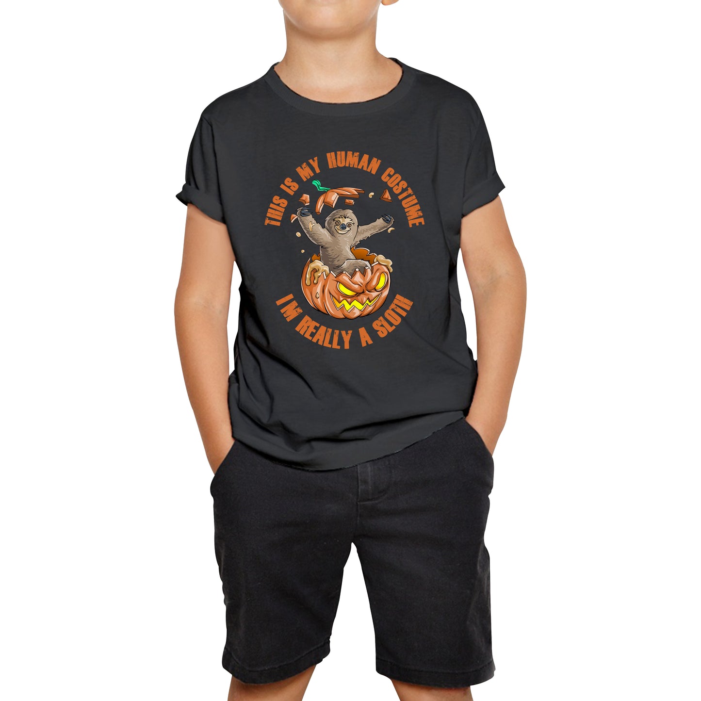 This Is My Human Costume I'm Really A Sloth Halloween Pumpkin Horror And Scary Pumpkin Face Kids Tee