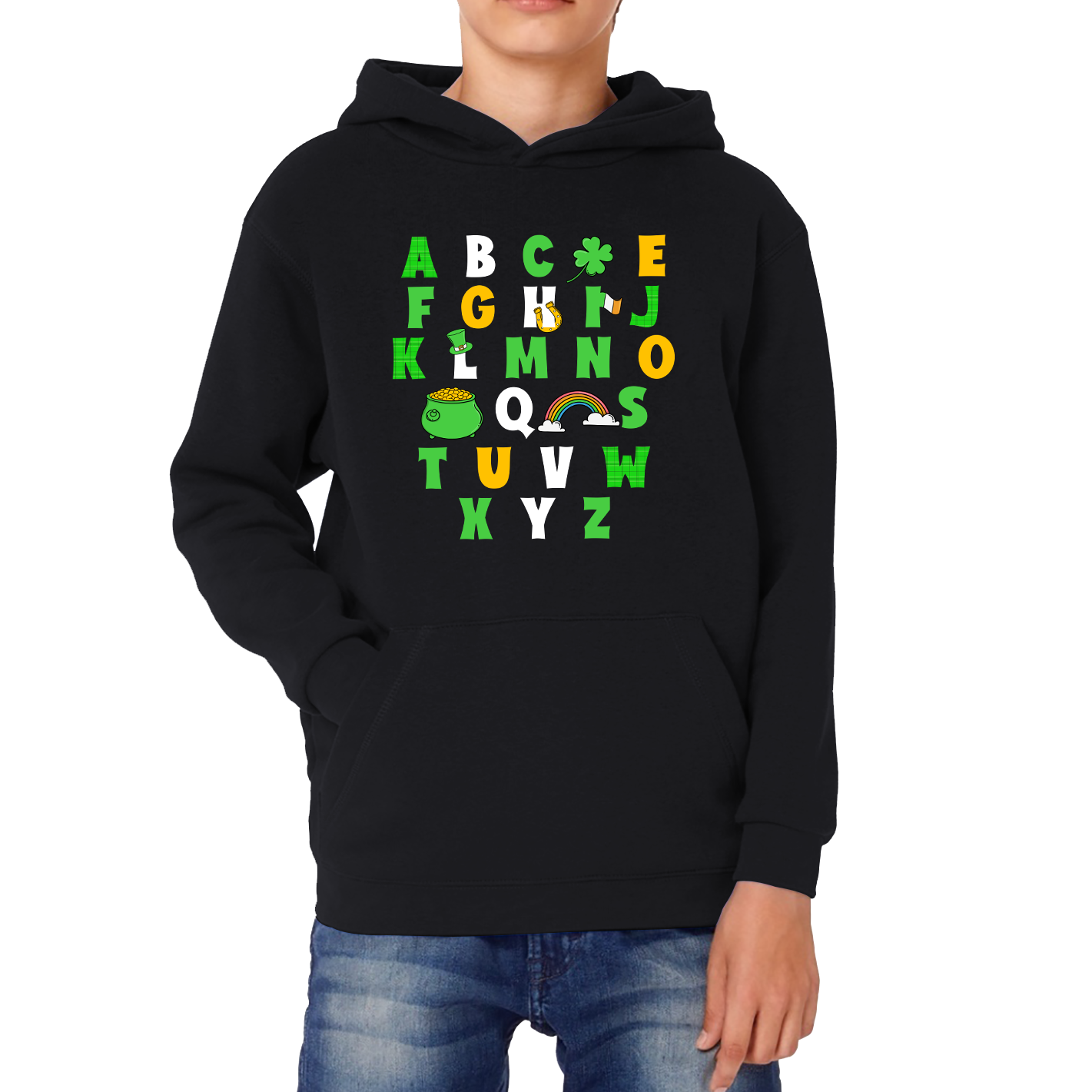 St Patrick's Day Alphabet Letters Alphabet A - Z Shamrock Alphabet St Paddy's Letters Kids Hoodie