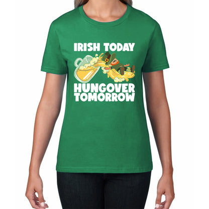 Irish Today Hungover Tomorrow Leprechaun Sliding Down On Beer Into Glass St. Patrick's Day Irish Drinking Womens Tee Top