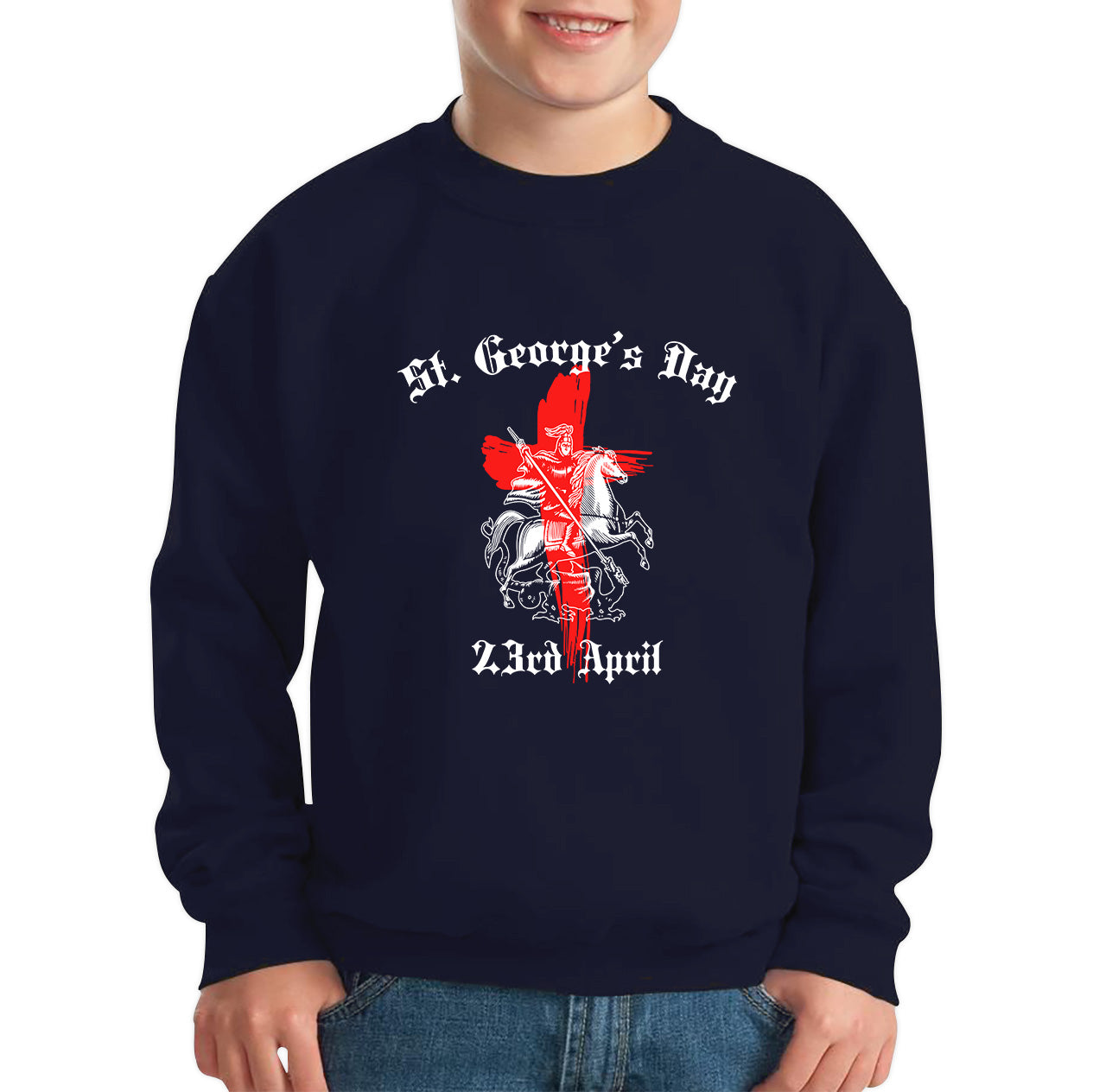 St George's Day 2023 England Flag Cross Knights Templar & Horse London Saint George Day Warrior Fighter Patriotic Kids Jumper