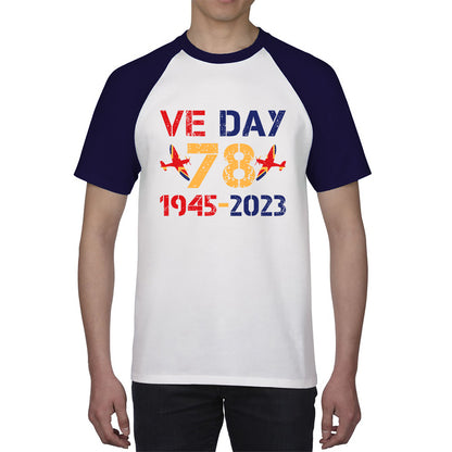 VE Day Victory In Europe Day 78th Anniversary 1945-2023 British Flag Veterans UK Victory Day World War II British Fighter Aircraft Baseball T Shirt