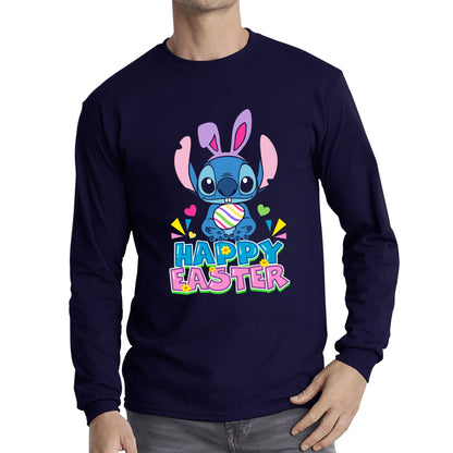 Happy Easter Stitch Bunny Holding Easter Eggs Cute Cartoon Lilo & Stitch Easter Bunny Spoof Egg Hunt Long Sleeve T Shirt