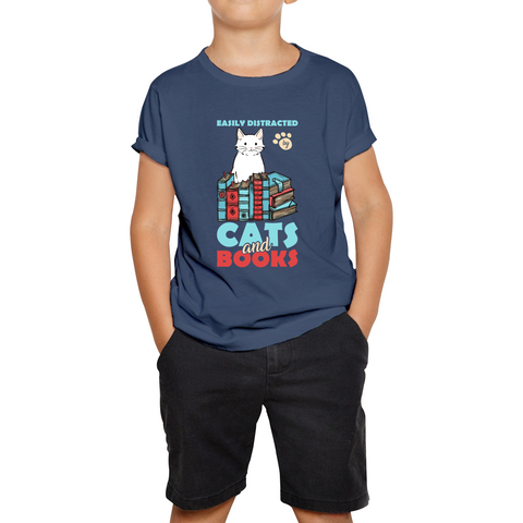 Easily Distracted By Cats And Books Funny Cat Book Reading Quote Kids Tee