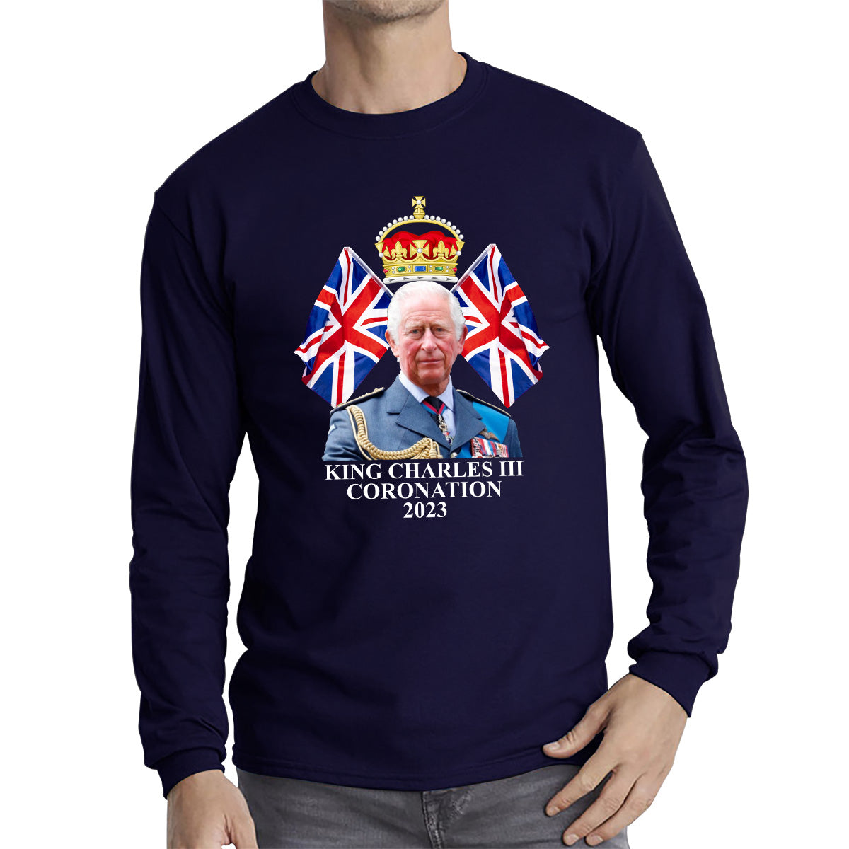 King Charles III Coronation 2023 British United Kingdom Uk Flags CR III Royal Crown Ruling Monarch Of England Long Sleeve T Shirt