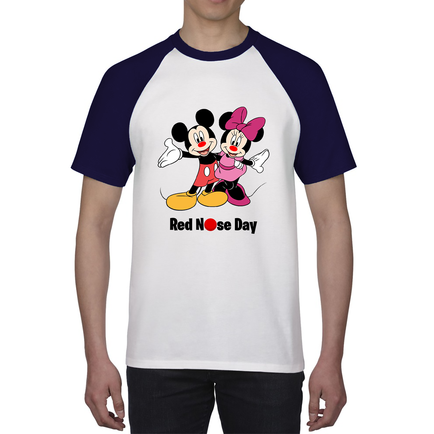 Mickey And Minnie Mouse Red Nose Day Baseball T Shirt. 50% Goes To Charity