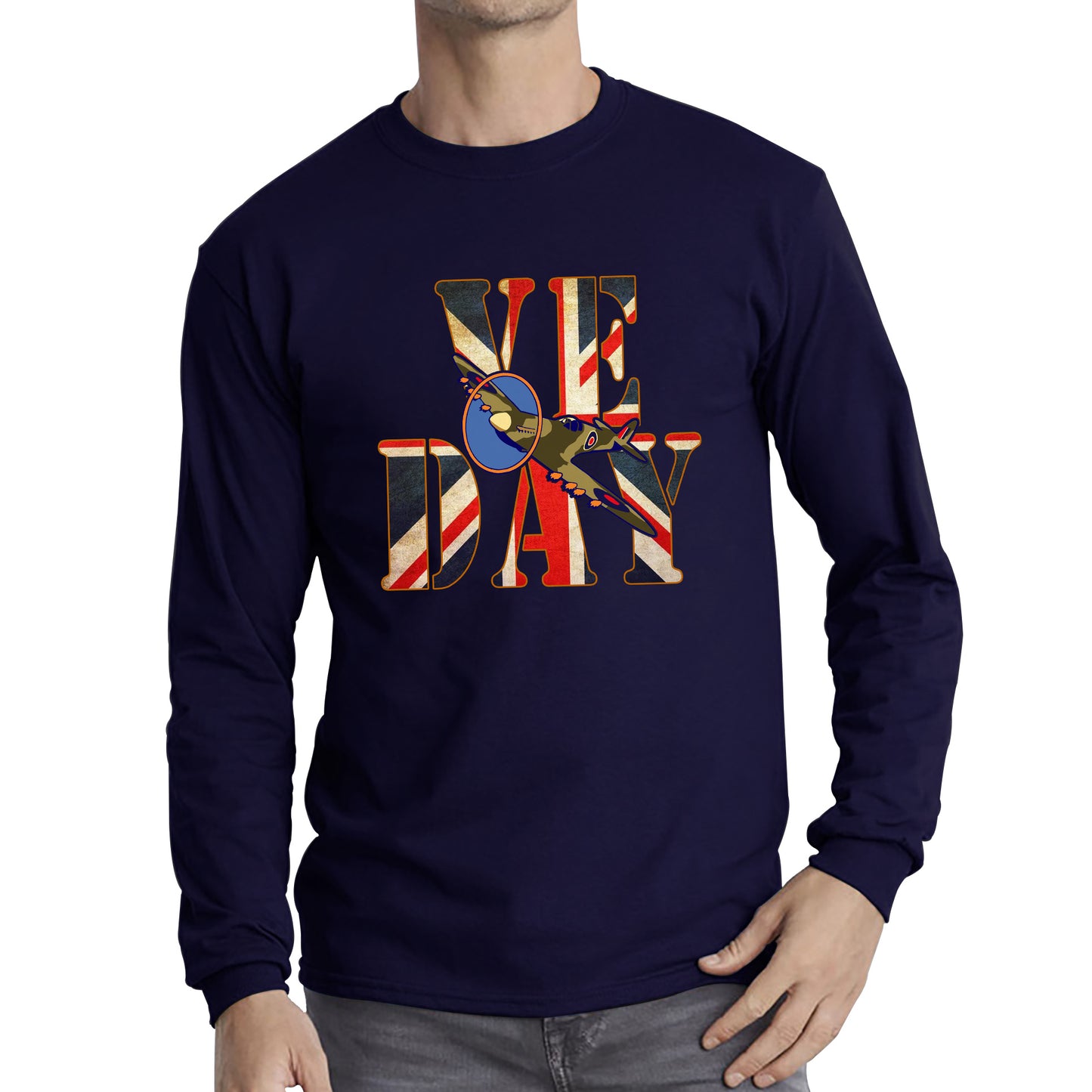 VE Day Victory In Europe Day Remembrance Day British Flag Veterans UK Victory Day 78th Anniversary World War II British Fighter Airplane Long Sleeve T Shirt