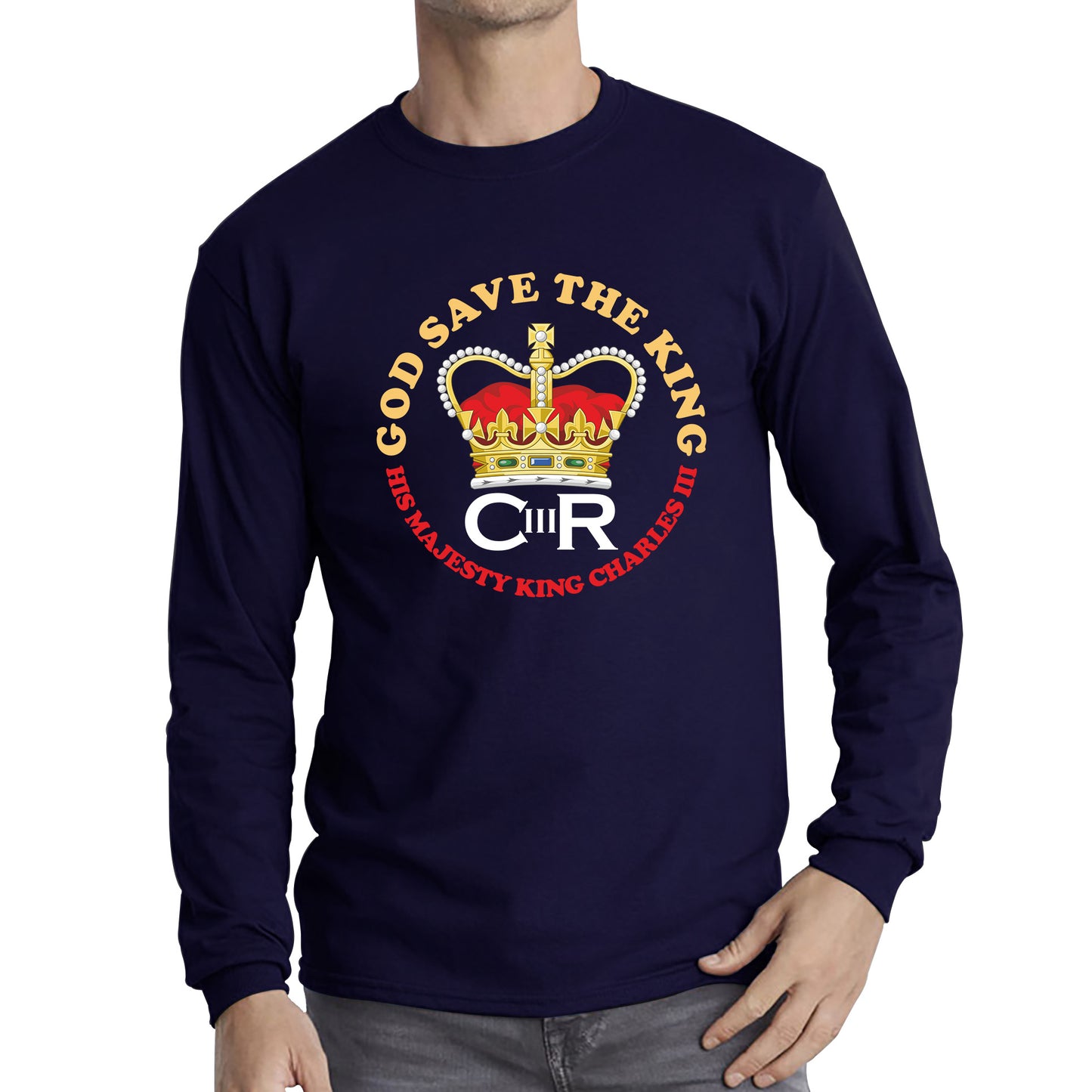 God Save The King CR III King Charles III Coronation 2023 His Majesty British Royal Crown Union Jack Long Sleeve T Shirt