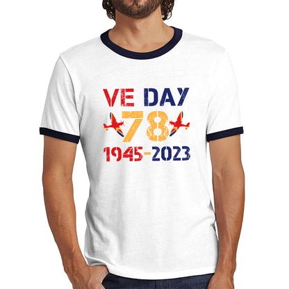 VE Day Victory In Europe Day 78th Anniversary 1945-2023 British Flag Veterans UK Victory Day World War II British Fighter Aircraft Ringer T Shirt