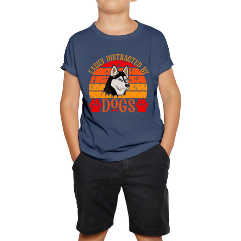 Easily Distracted By Dogs Vintage Retro Siberian Husky Dog Lovers Kids Tee