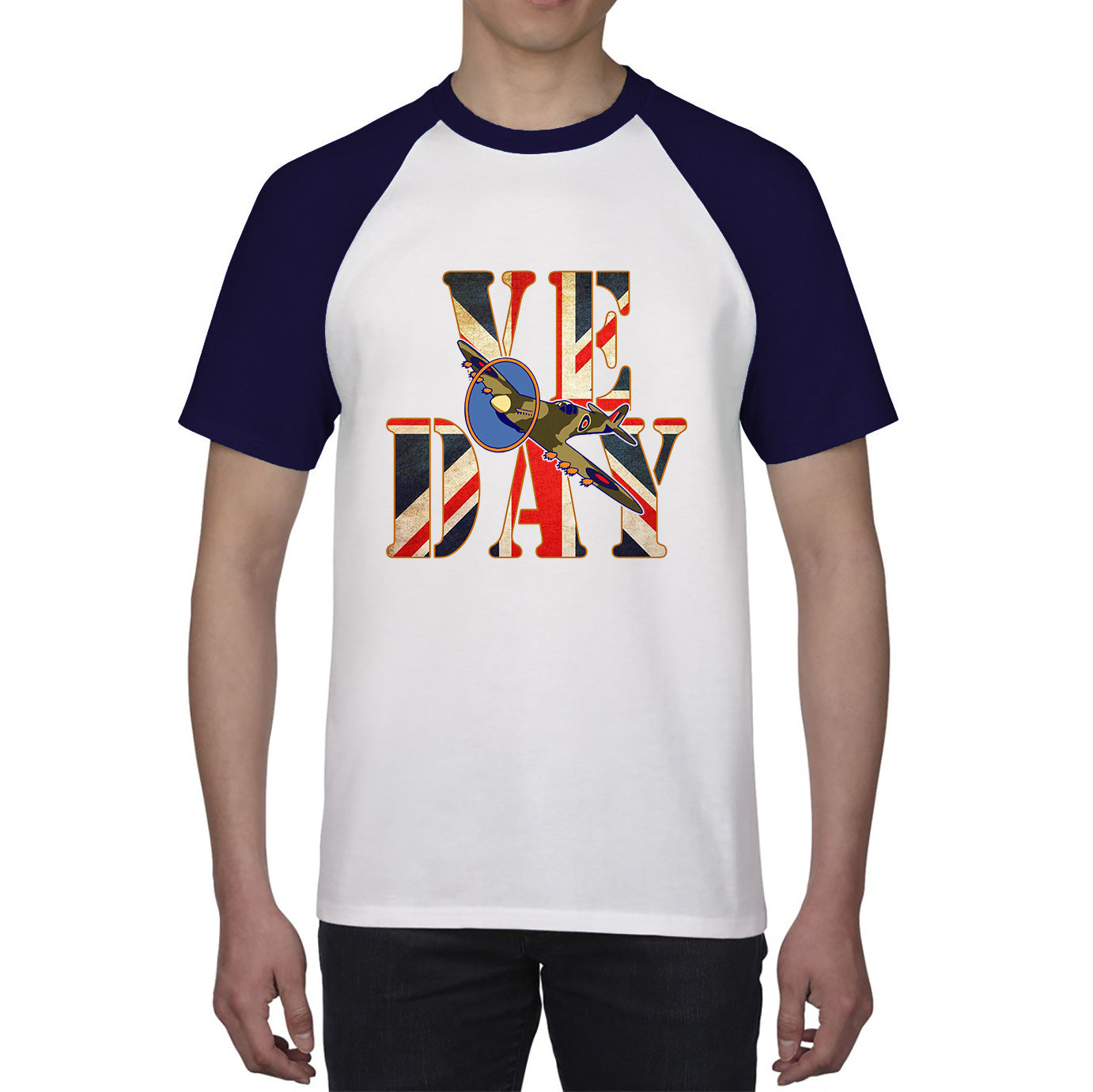 VE Day Victory In Europe Day Remembrance Day British Flag Veterans UK Victory Day 78th Anniversary World War II British Fighter Airplane Baseball T Shirt