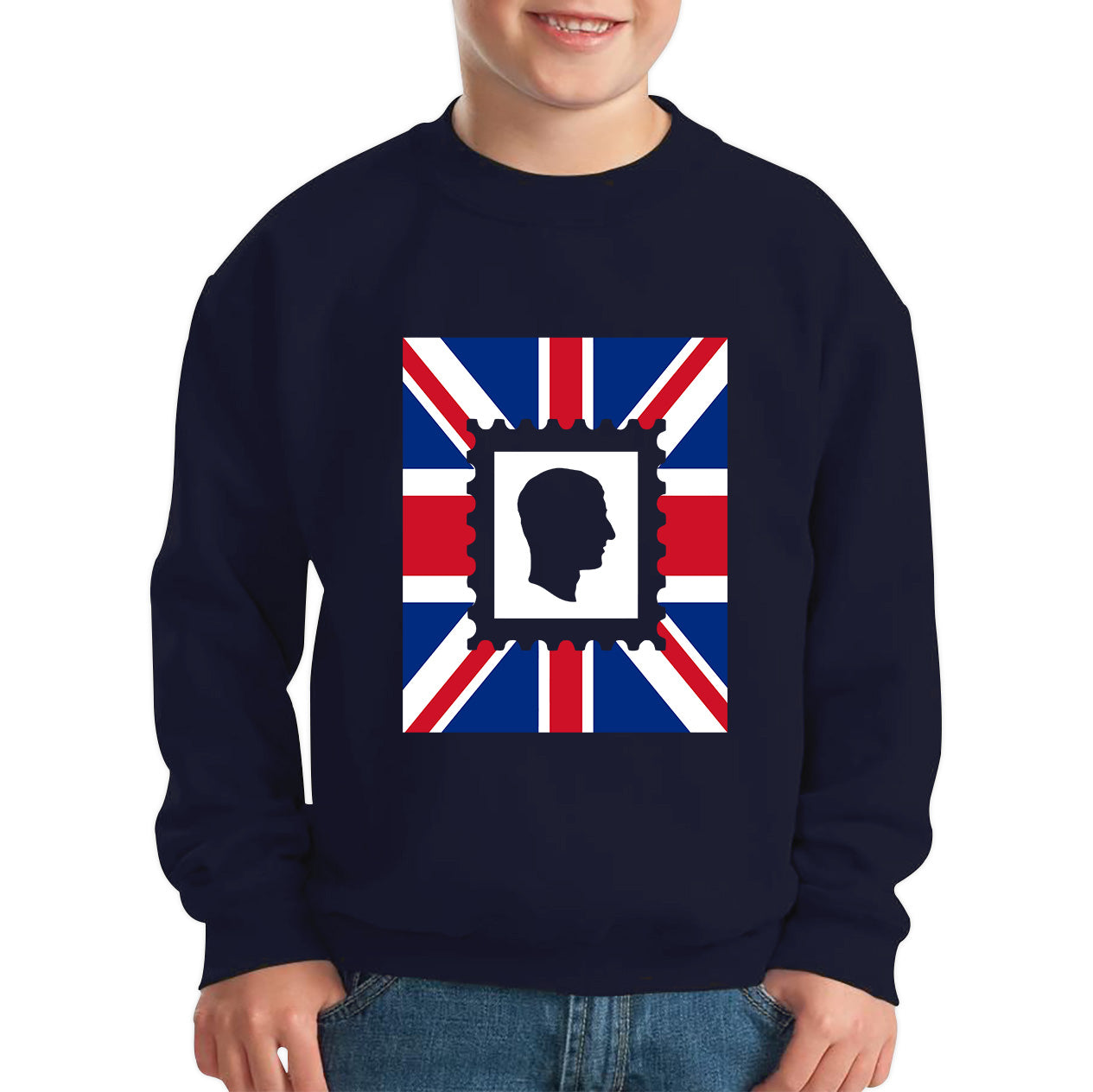 King Charles III Stamp United Kingdom Flag King Of England Royal Crown His Majesty Union Jack Kids Jumper