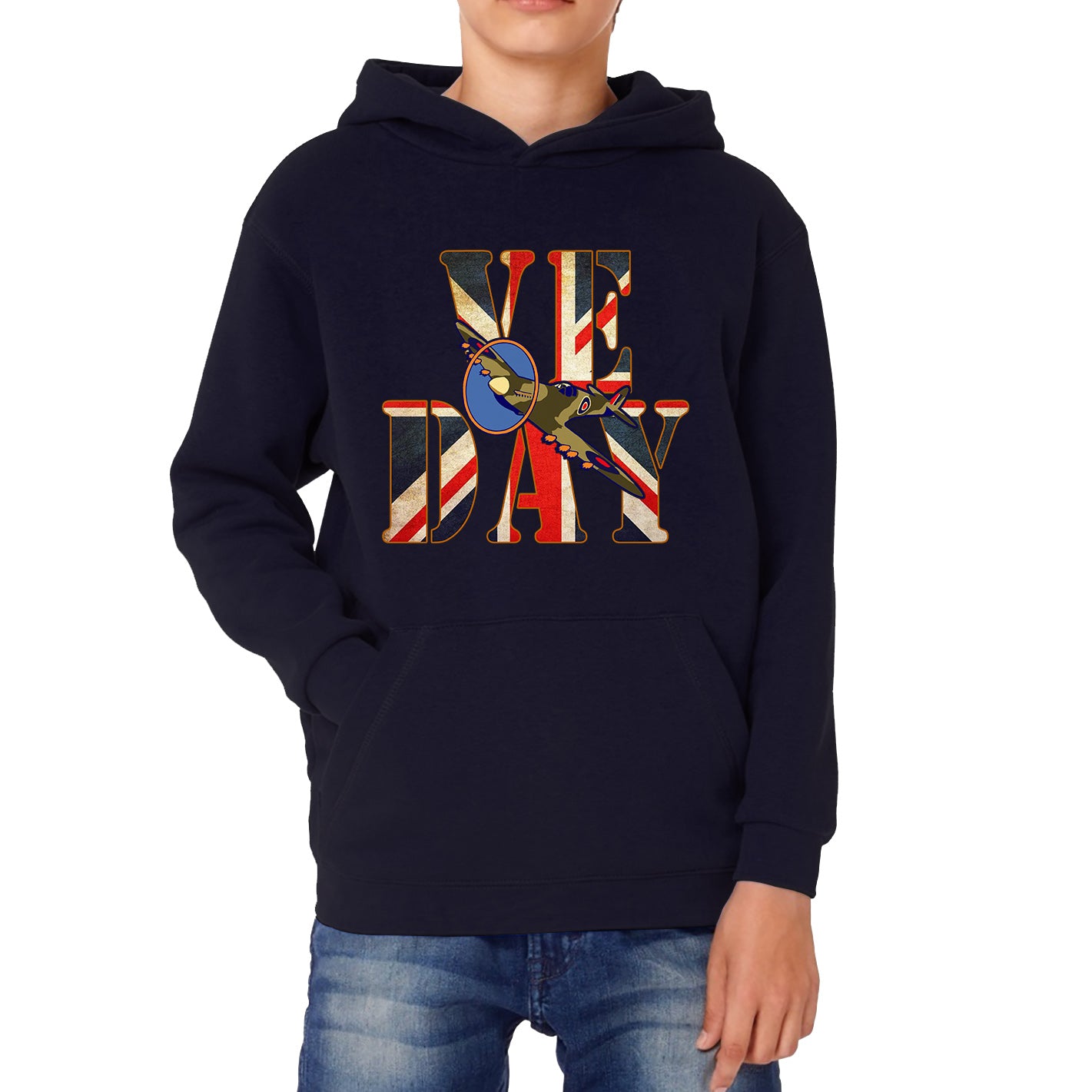 VE Day Victory In Europe Day Remembrance Day British Flag Veterans UK Victory Day 78th Anniversary World War II British Fighter Airplane Kids Hoodie