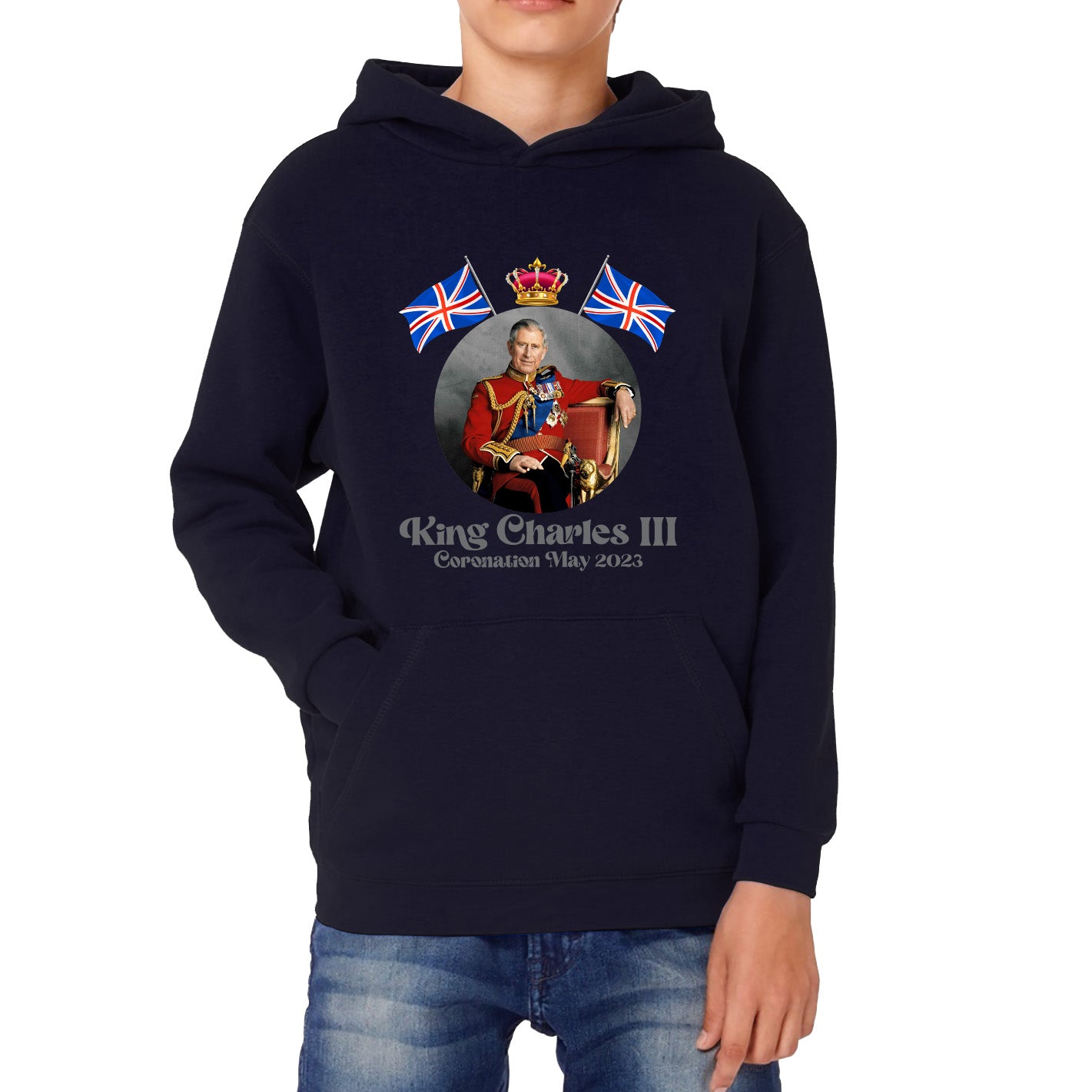 King Charles III 6th May 2023 Coronation British Flags Royal Crown CR III Union Jack His Majesty Kids Hoodie