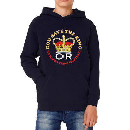 God Save The King CR III King Charles III Coronation 2023 His Majesty British Royal Crown Union Jack Kids Hoodie