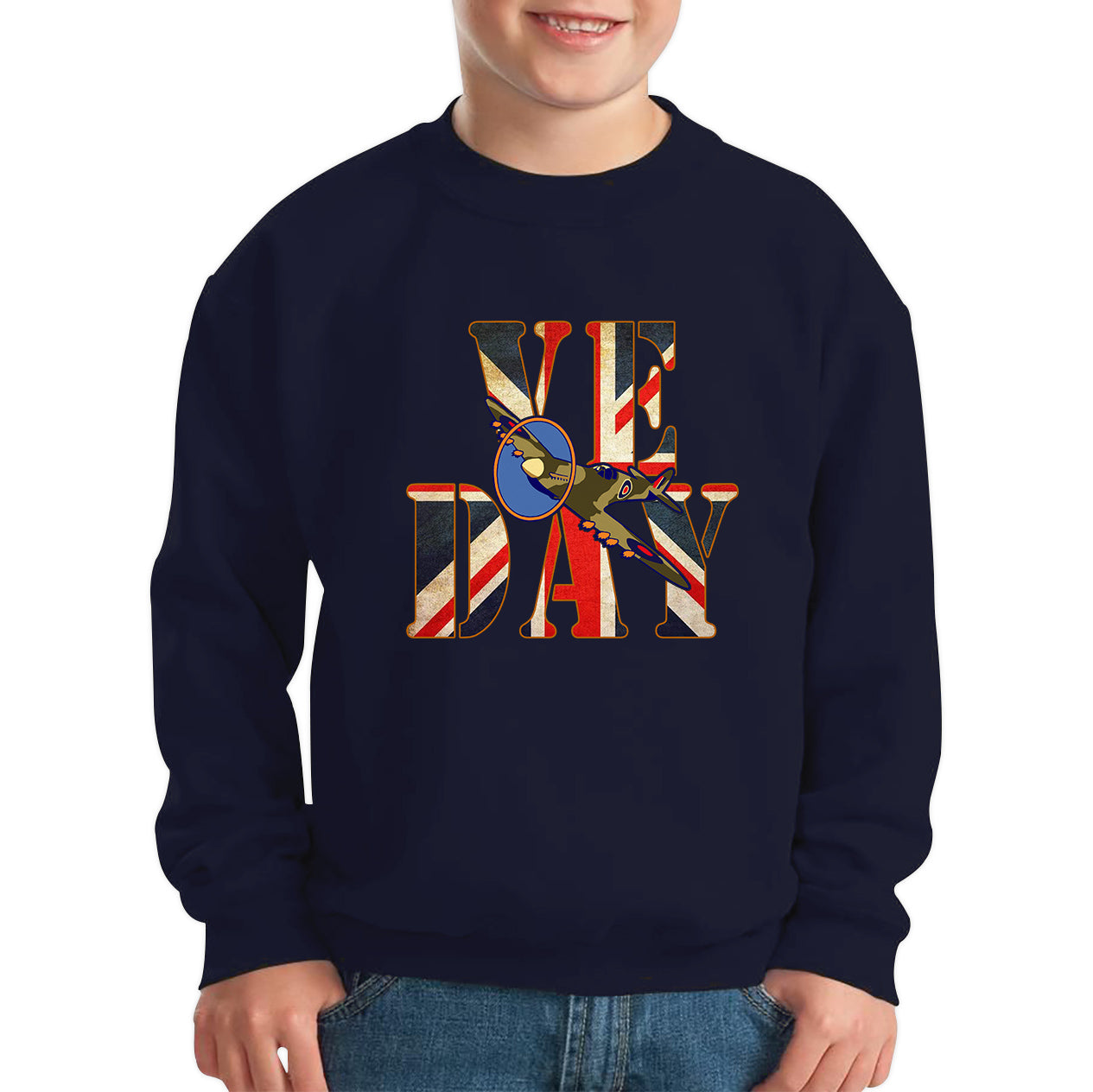 VE Day Victory In Europe Day Remembrance Day British Flag Veterans UK Victory Day 78th Anniversary World War II British Fighter Airplane Kids Jumper