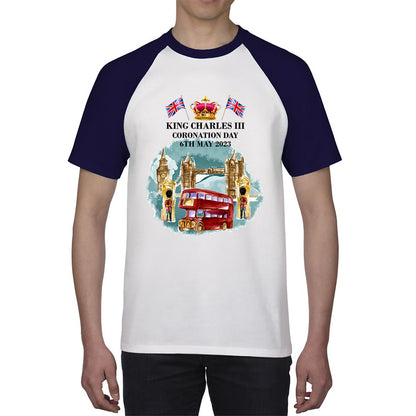 King Charles III Coronation Day 6th May 2023 Great Britain Big Ben Telephone Booth And Red Bus In London England Baseball T Shirt