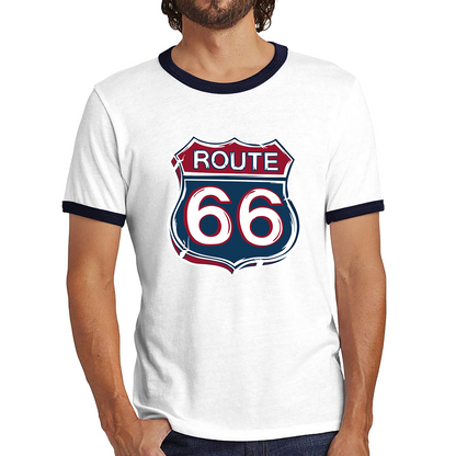 Route 66 Baseball Highway 66 US Biking Riding Highway Main Street of America Ringer T Shirt