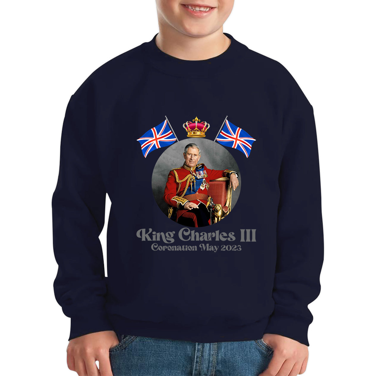 King Charles III 6th May 2023 Coronation British Flags Royal Crown CR III Union Jack His Majesty Kids Jumper