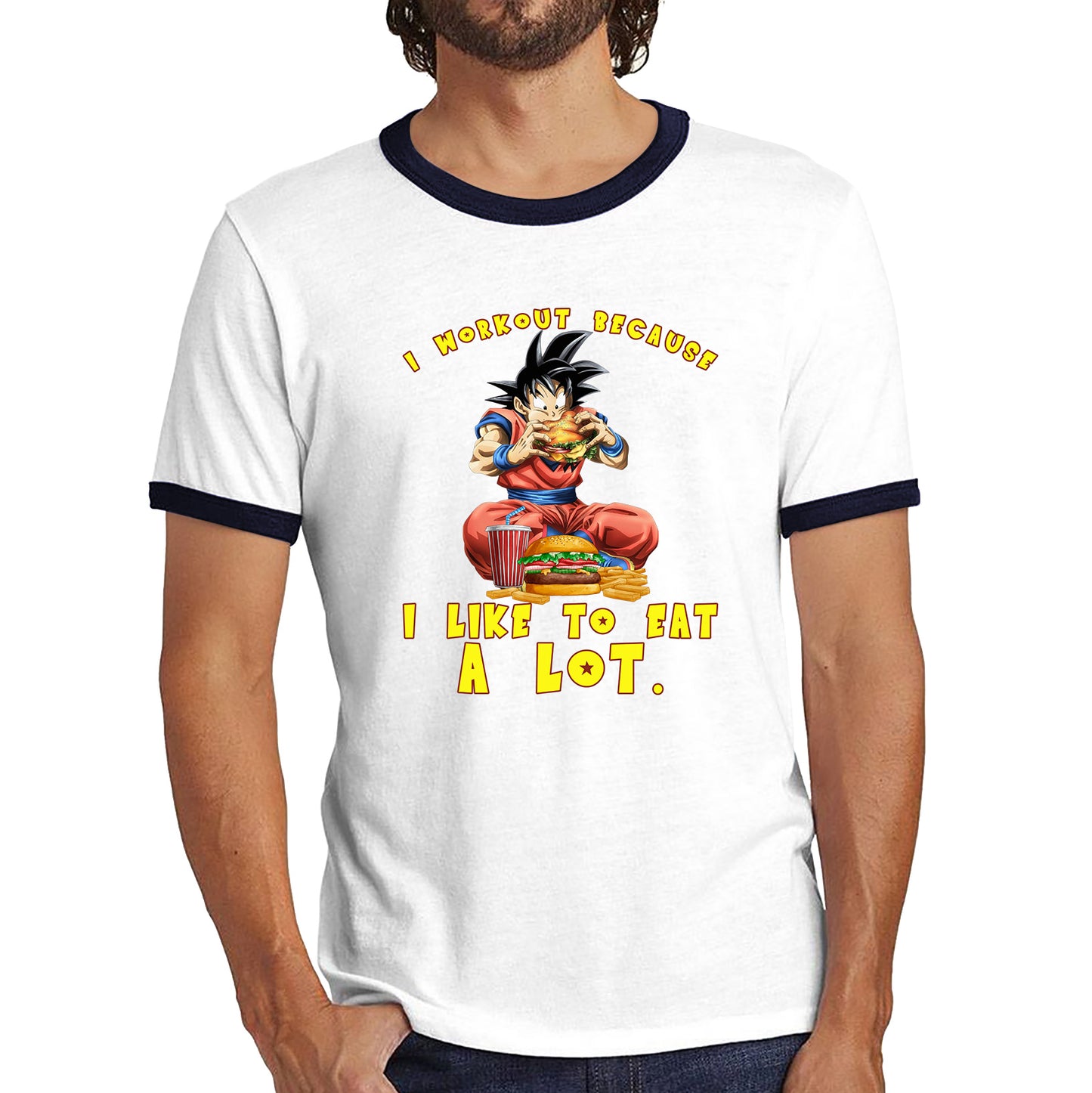 I Workout Because I Like To Eat A Lot Goku Eating A Hamburger Dragon Ball Anime Gym Bodybuilding Workout Ringer T Shirt