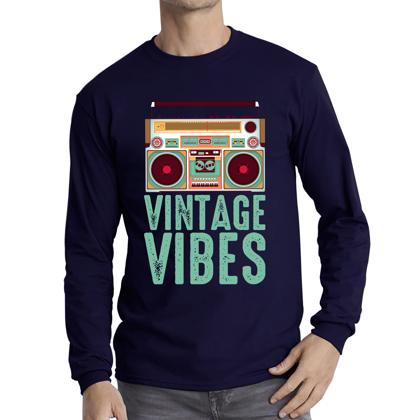 Boombox Vintage Vibes Old School Music Retro Cassette Tape Player Long Sleeve T Shirt