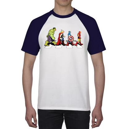 Hulk Thor Captain America Iron Man Marvel Avengers Abbey Road Red Nose Day Baseball T Shirt. 50% Goes To Charity