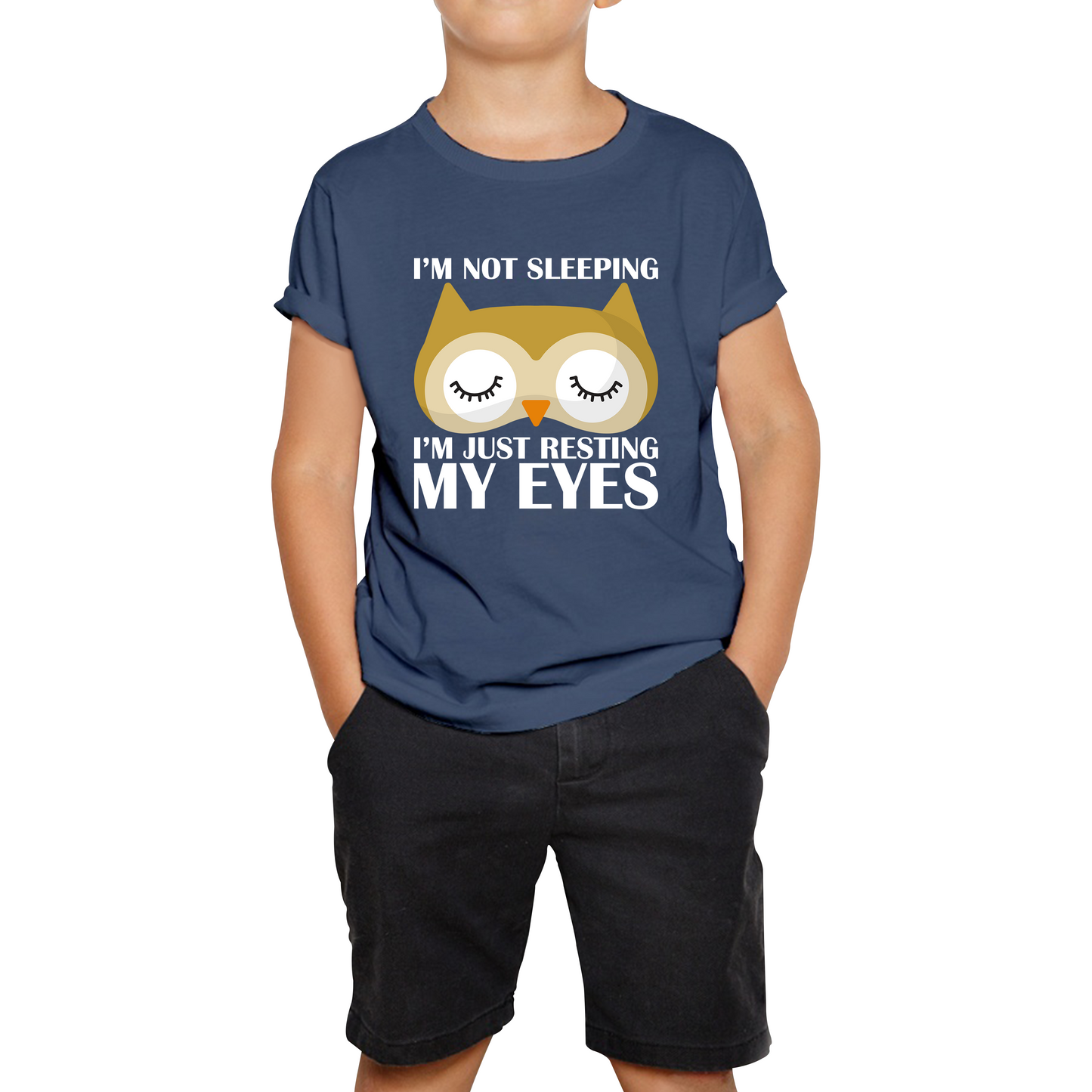 I'm Not Sleeping I'm Just Resting My Eyes Owl Funny Owl Napping Joke Kids Tee