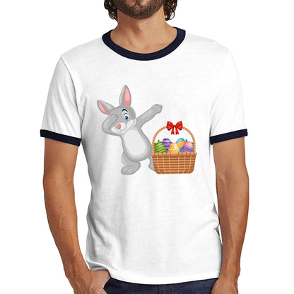 Dabbing Bunny With Eggs Basket Happy Easter Day Cute Rabbit Bunny Easter Day Ringer T Shirt