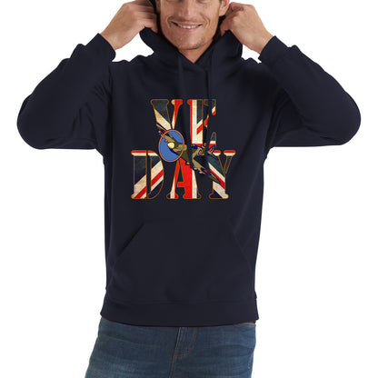 VE Day Victory In Europe Day Remembrance Day British Flag Veterans UK Victory Day 78th Anniversary World War II British Fighter Airplane Unisex Hoodie