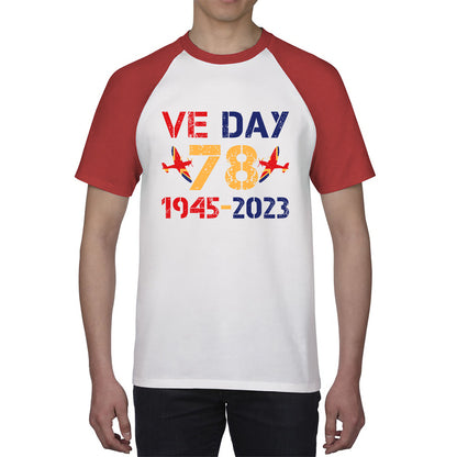 VE Day Victory In Europe Day 78th Anniversary 1945-2023 British Flag Veterans UK Victory Day World War II British Fighter Aircraft Baseball T Shirt