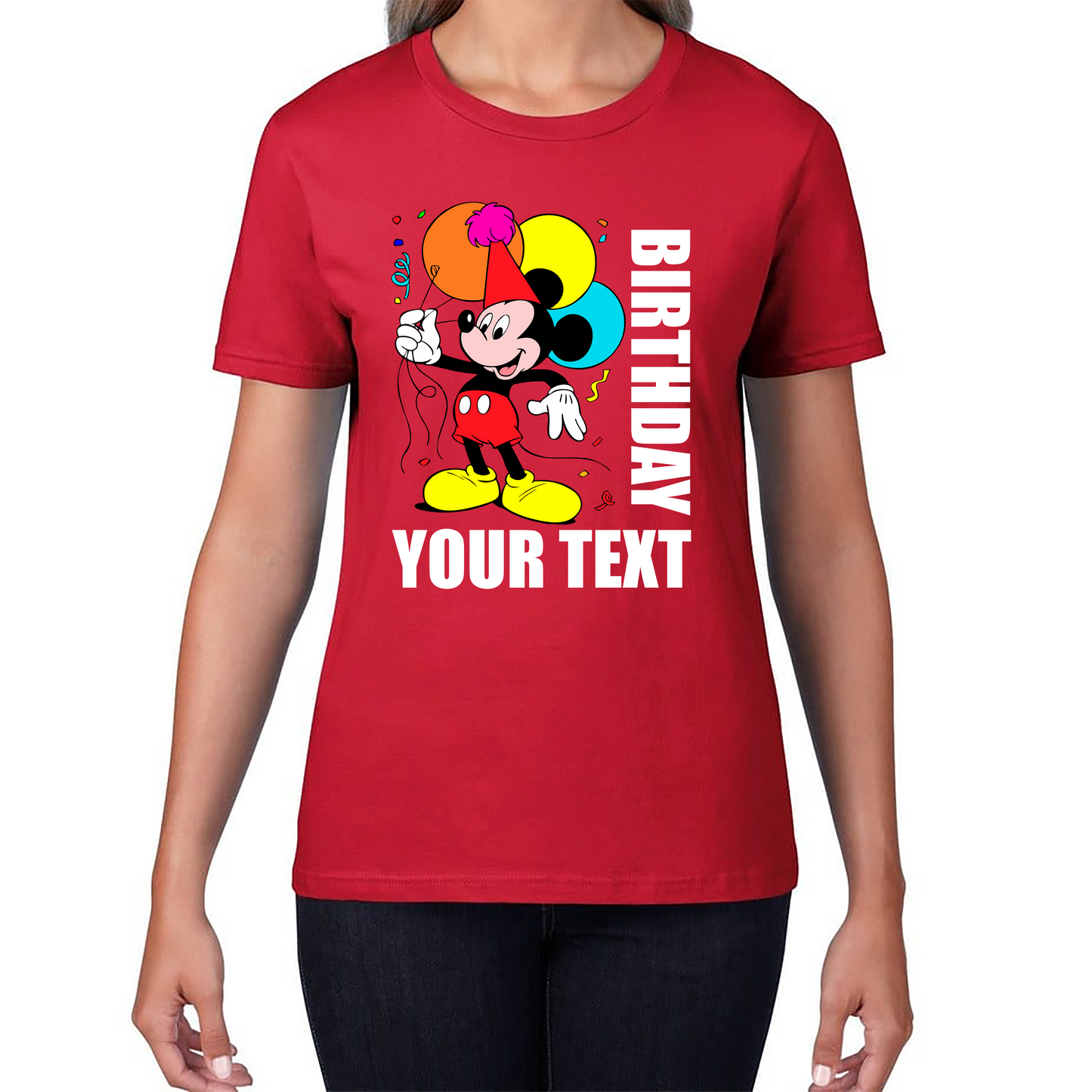 Personalised Disney Mickey Mouse Holding Balloons Birthday Your Text Disneyland Womens Tee Top