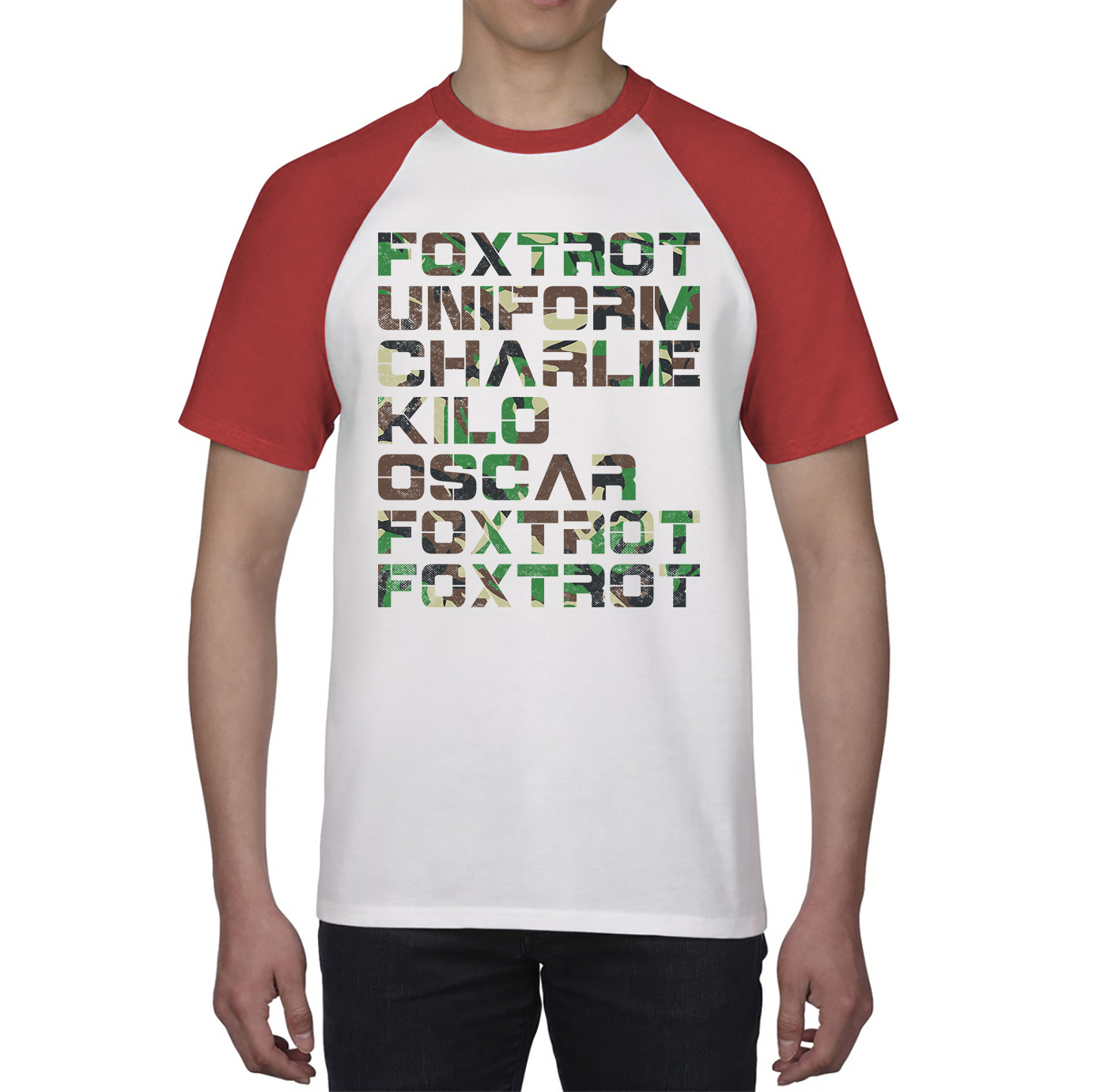 Foxtrot Uniform Charlie Kilo Oscar Foxtrot Camo Fitness Phonetic Alphabet Military Baseball T Shirt