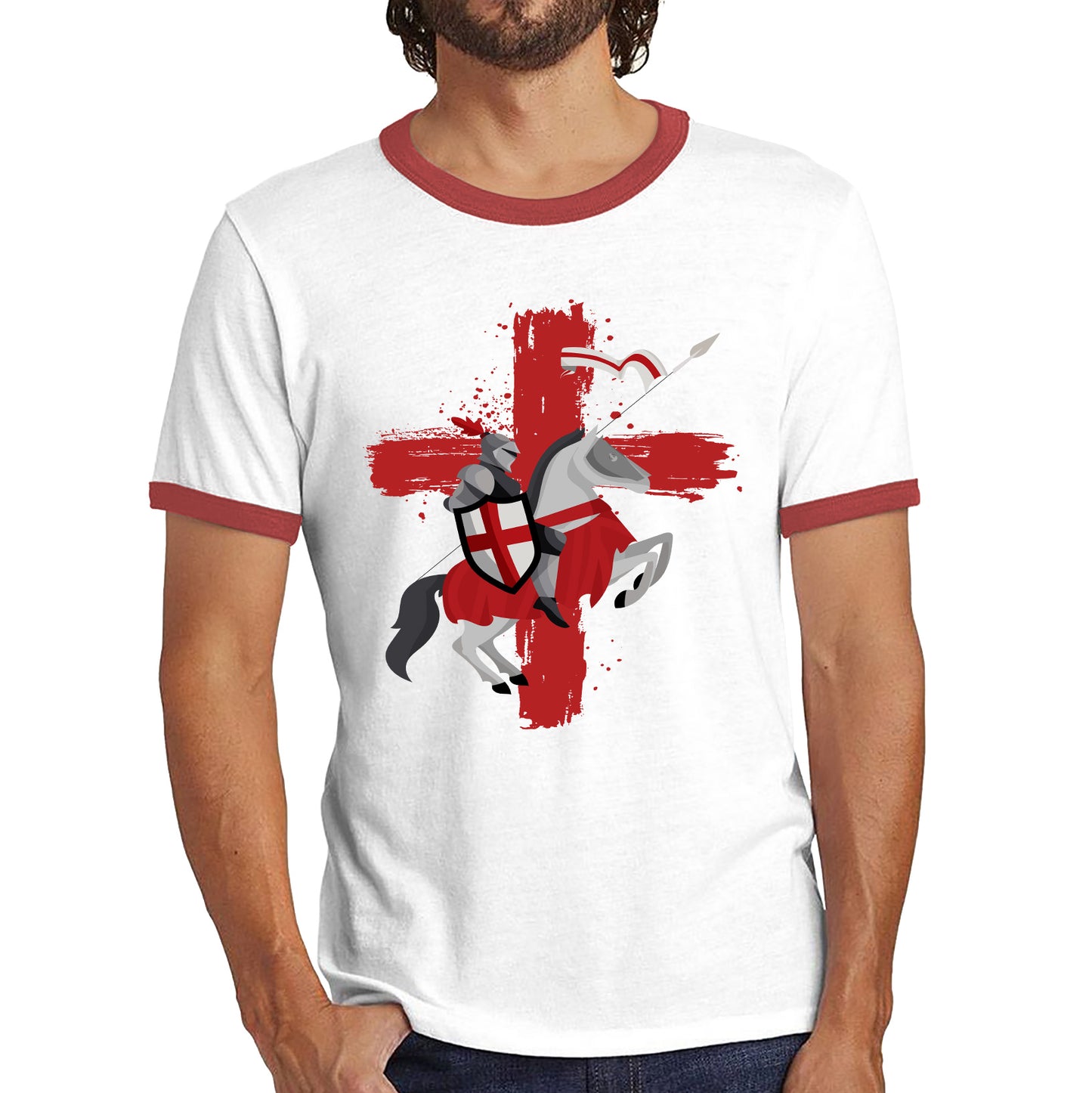 St George Day The Medieval Knight Saint Of England Celebrated On Saint Georges's Day Riding His Rearing Horse Ringer T Shirt