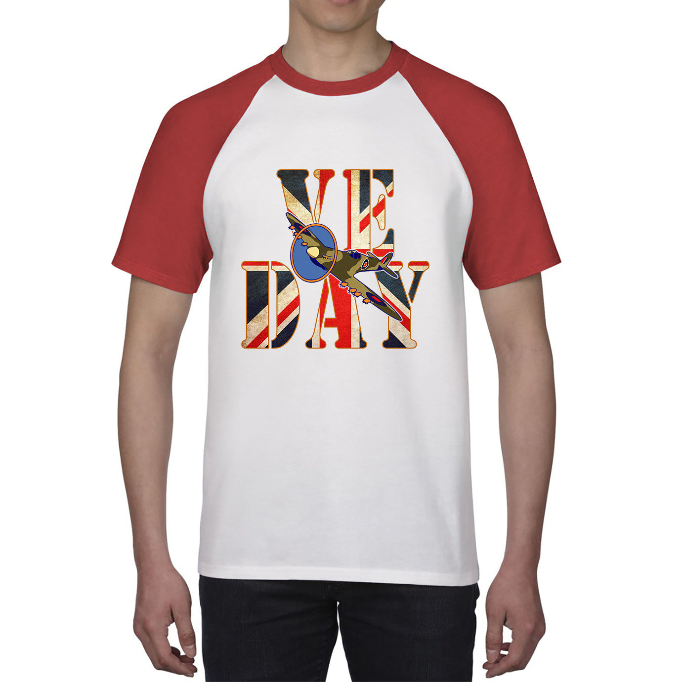 VE Day Victory In Europe Day Remembrance Day British Flag Veterans UK Victory Day 78th Anniversary World War II British Fighter Airplane Baseball T Shirt