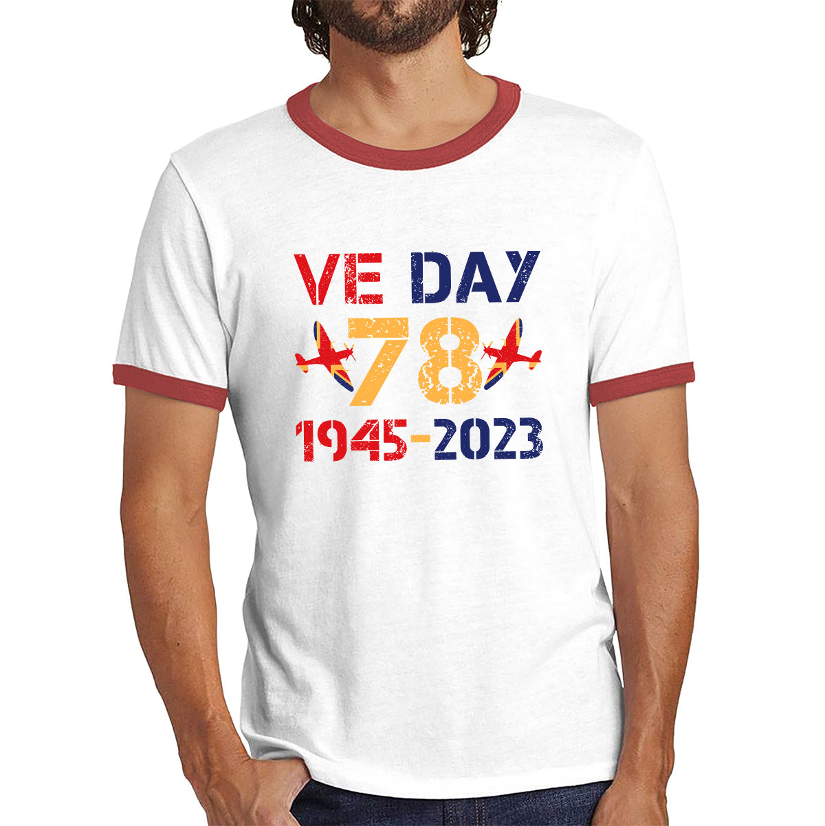 VE Day Victory In Europe Day 78th Anniversary 1945-2023 British Flag Veterans UK Victory Day World War II British Fighter Aircraft Ringer T Shirt