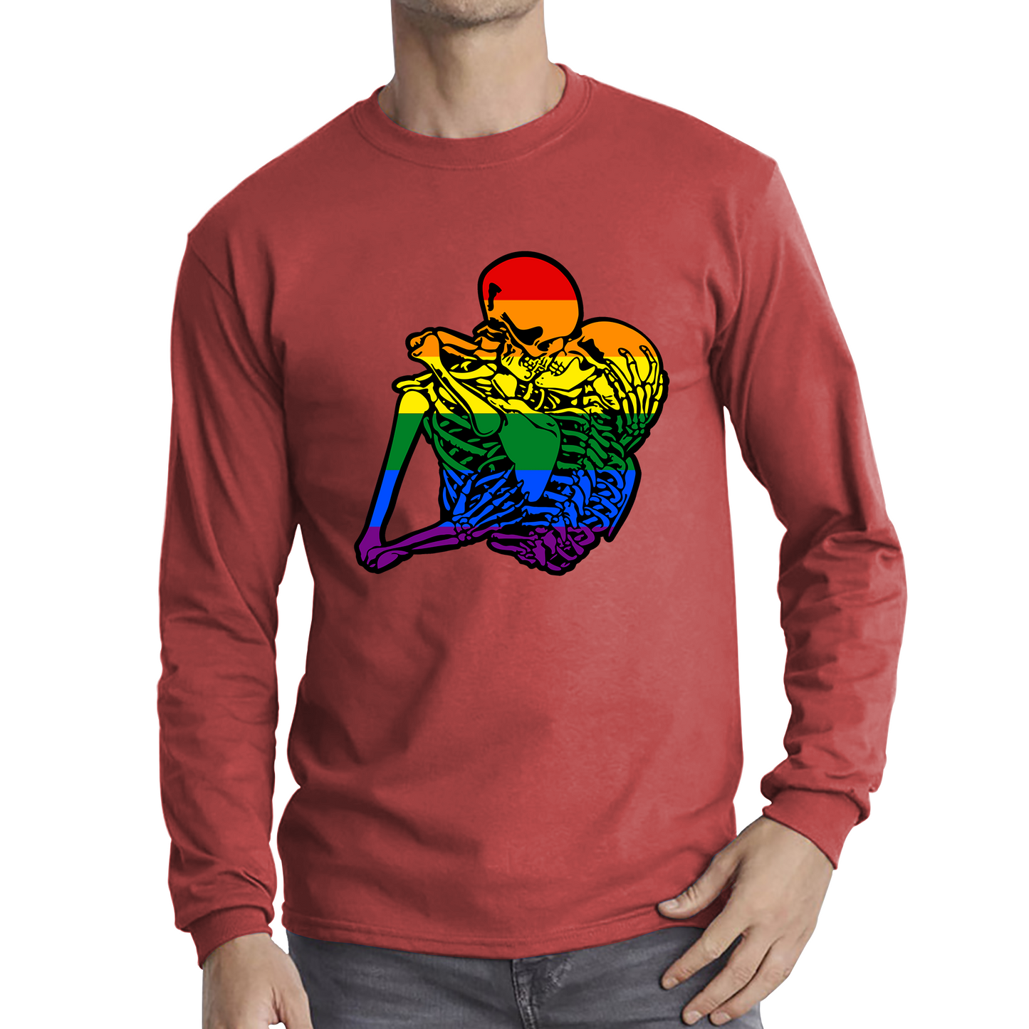 Kissing Skeletons Gay Pride LGBT Gay Skull Halloween LGBTQ+ Rainbow Pride Month Long Sleeve T Shirt