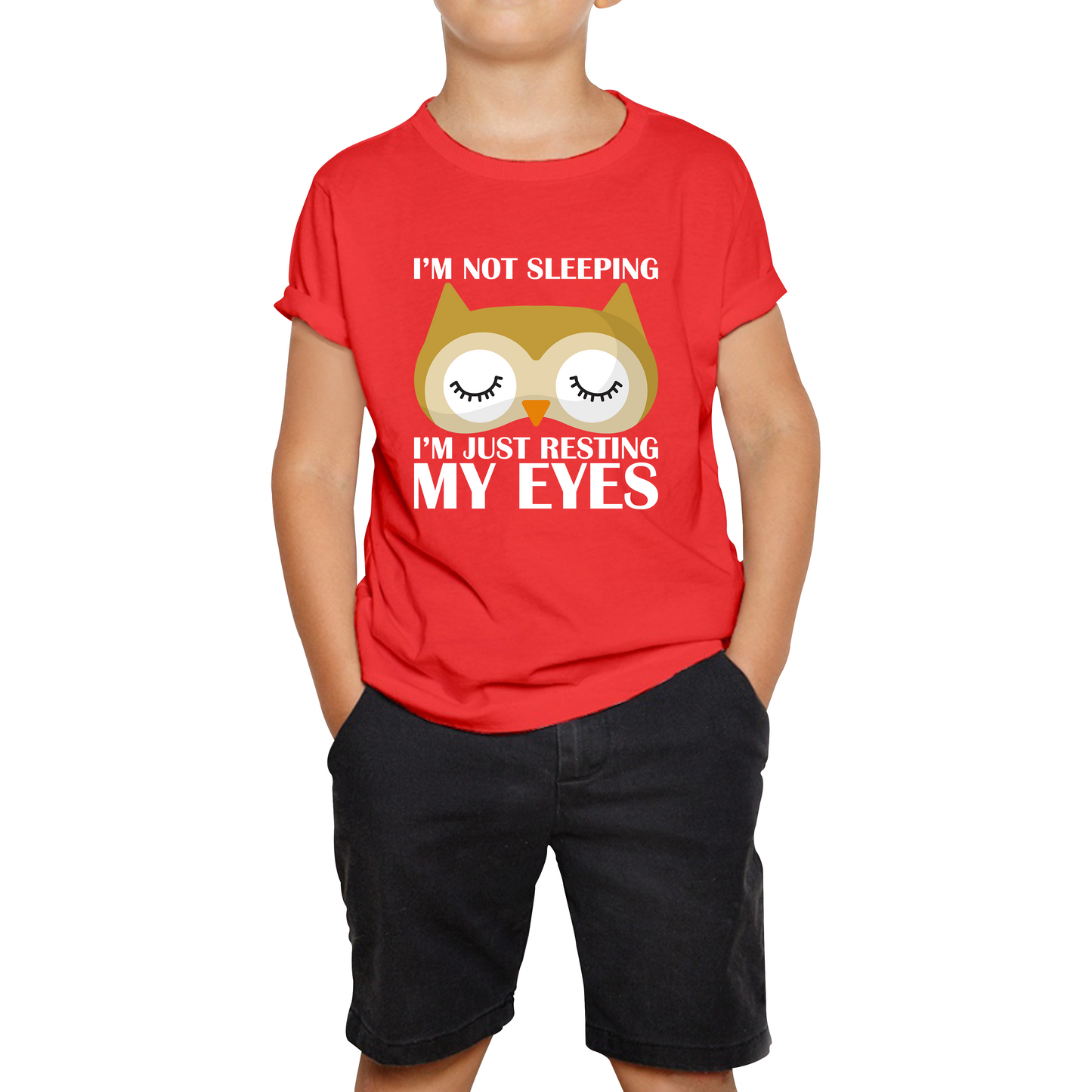 I'm Not Sleeping I'm Just Resting My Eyes Owl Funny Owl Napping Joke Kids Tee