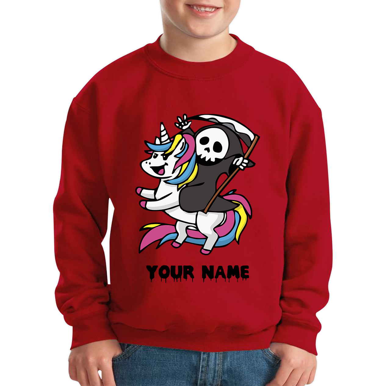 Personalised Cute Death Riding A Kawaii Unicorn Your Name Kids Jumper